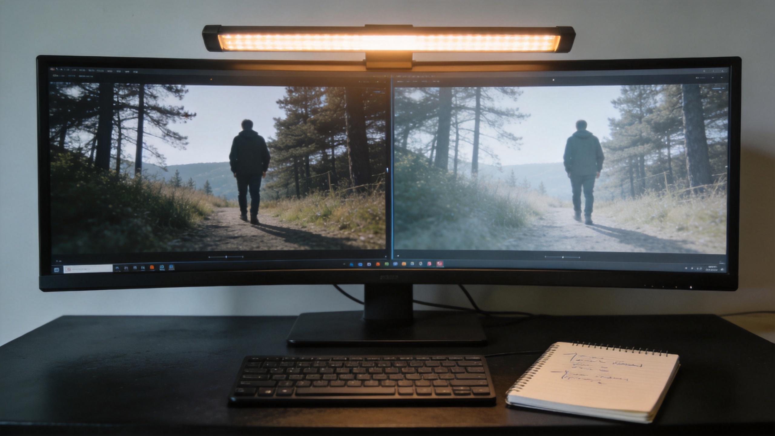 Ultrawide monitor shows side-by-side video frames of a person walking in a forest