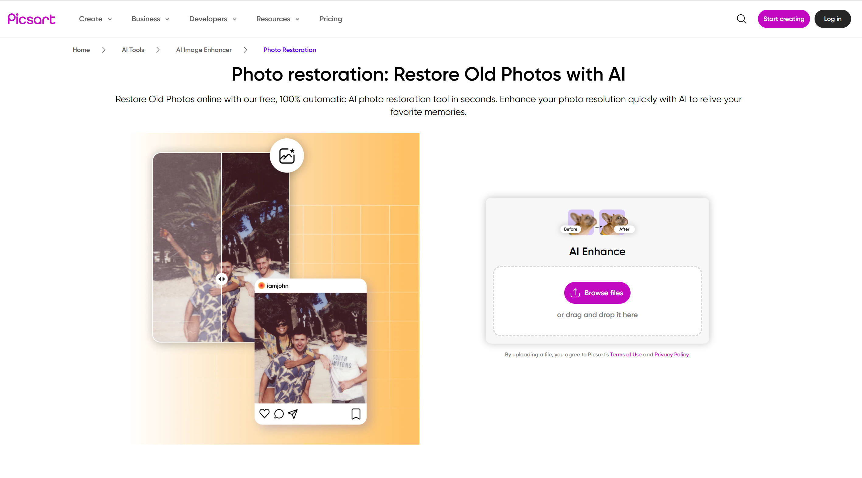 Schnittstelle von Picsart - einer hocheffizienten Software zur Fotorestaurierung