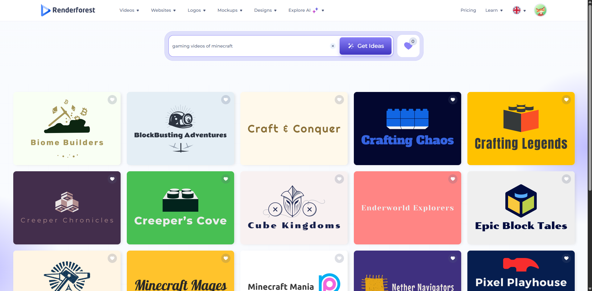 Giao diện của Renderforest - trình tạo tên YouTube hoàn hảo