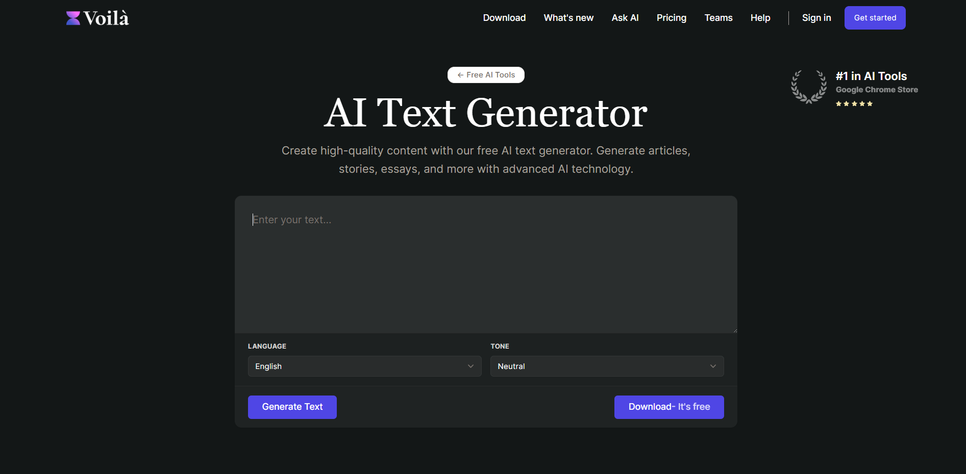 Benutzeroberfläche von getvolla.ai – ein einfach zu bedienender Online-AI-Textgenerator