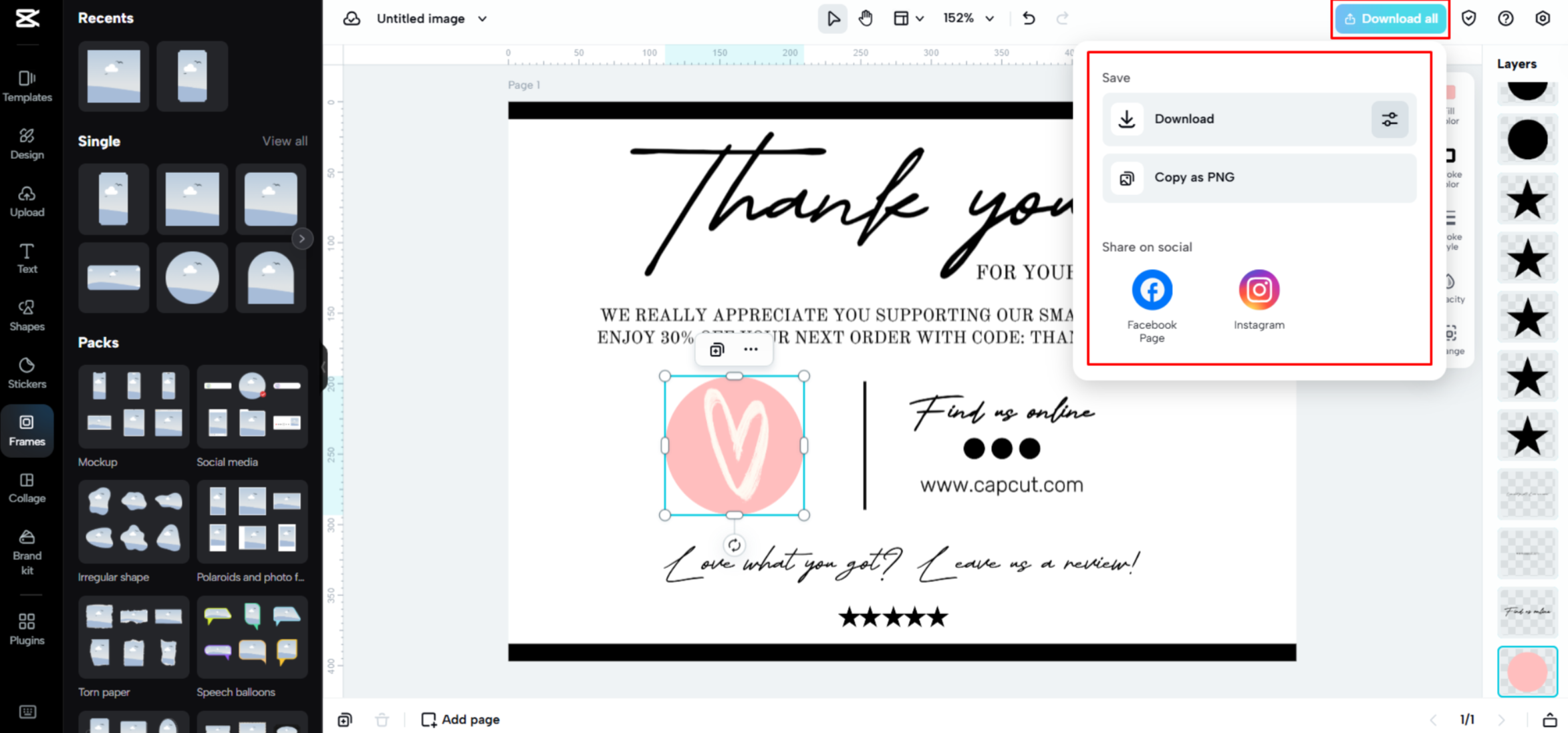 Exporting a business card from CapCut Web