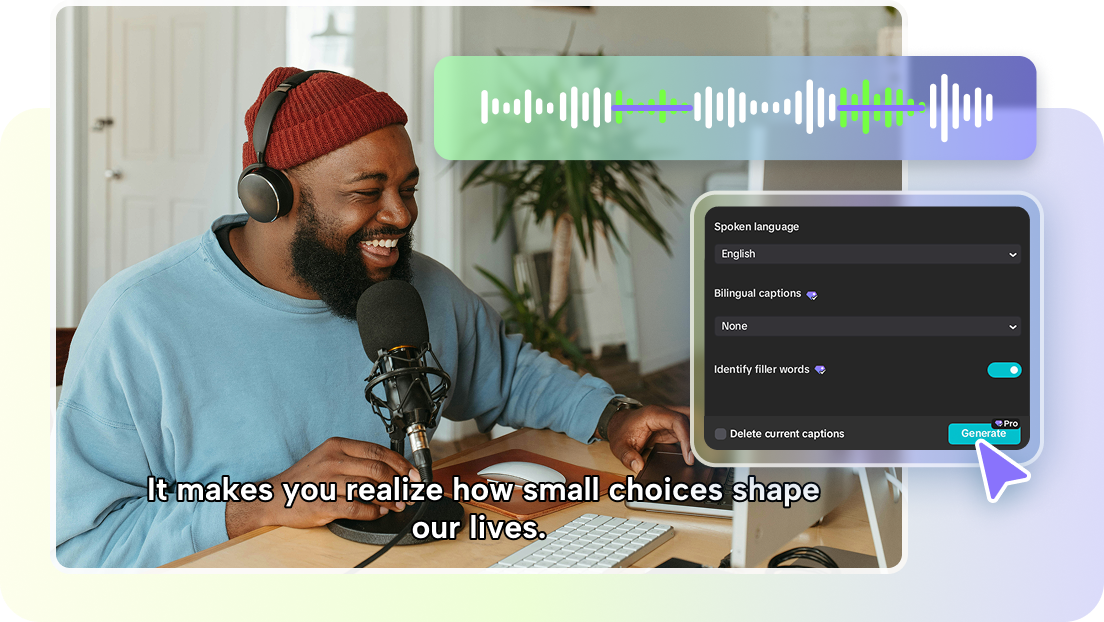 Podcast speaker beside Auto captions settings for spoken language and the Identify filler words option.