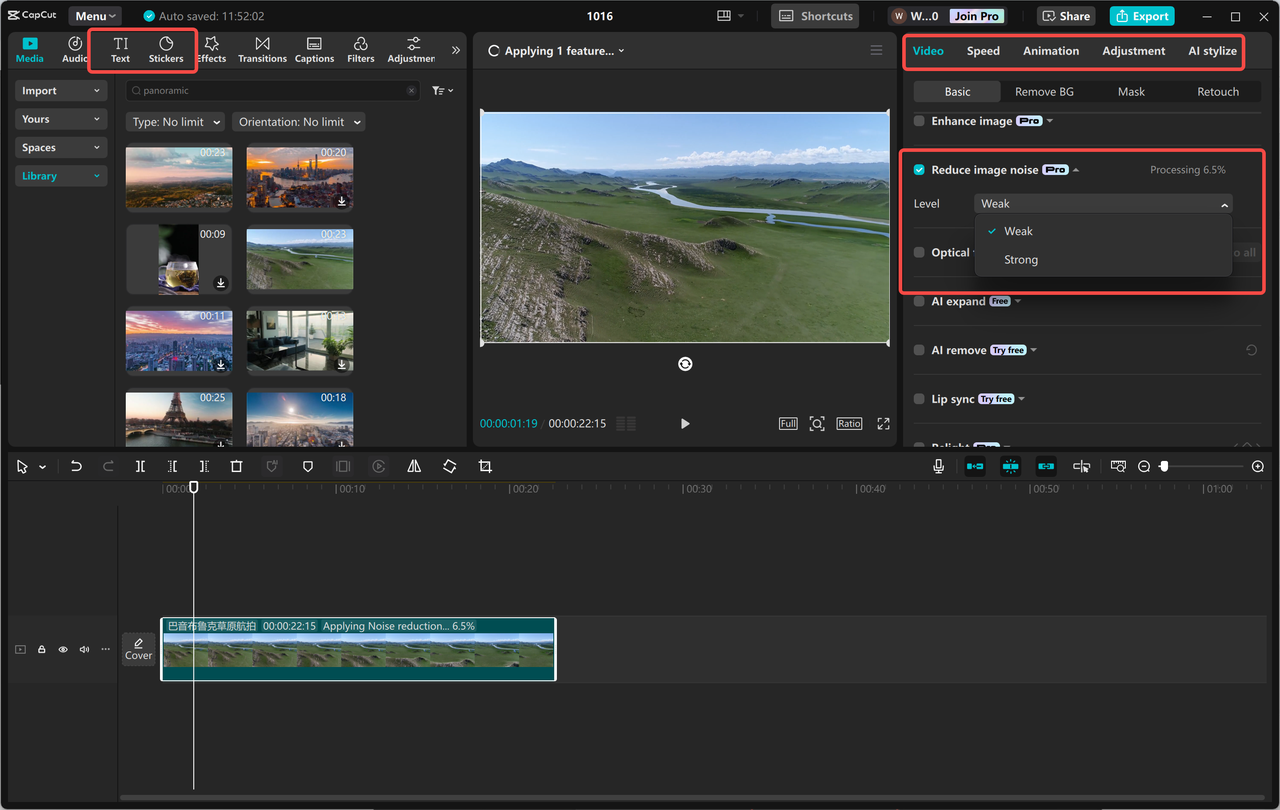 Personalizando o vídeo panorâmico no editor de vídeo para desktop CapCut