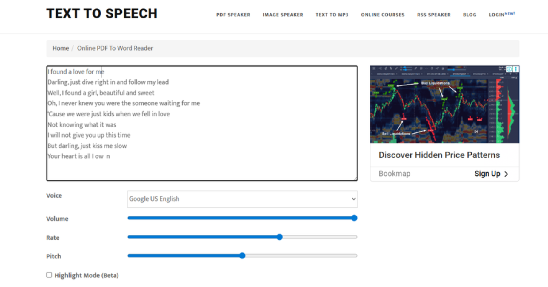 Interface of TextToSpeech.io - another free PDF text to speech tool