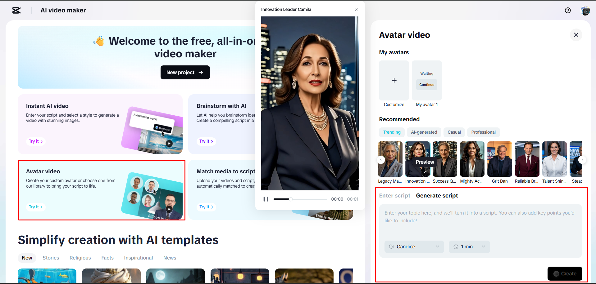 Gerando um vídeo com um script em CapCut Web