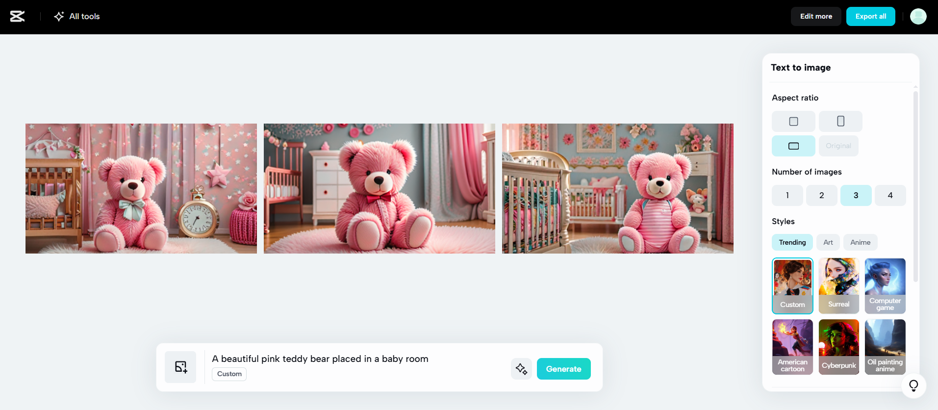 Interface of the Caput Web - the best tool to generate high-quality images