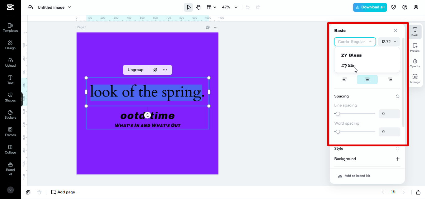 CapCut Web lettertype aanpassingsopties