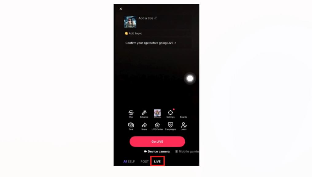 Swipe to the Live option