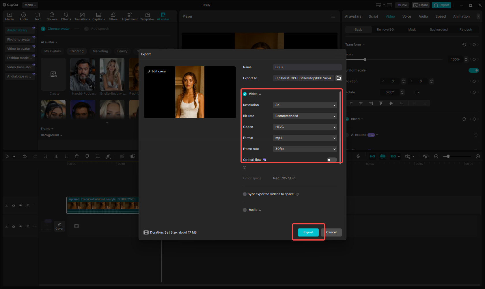 Export the avatar video