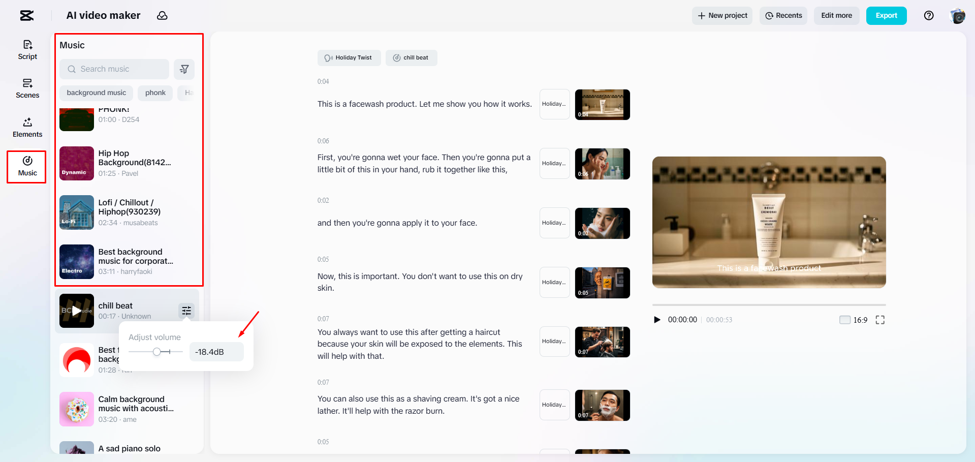 Adding background music to a video with CapCut Web