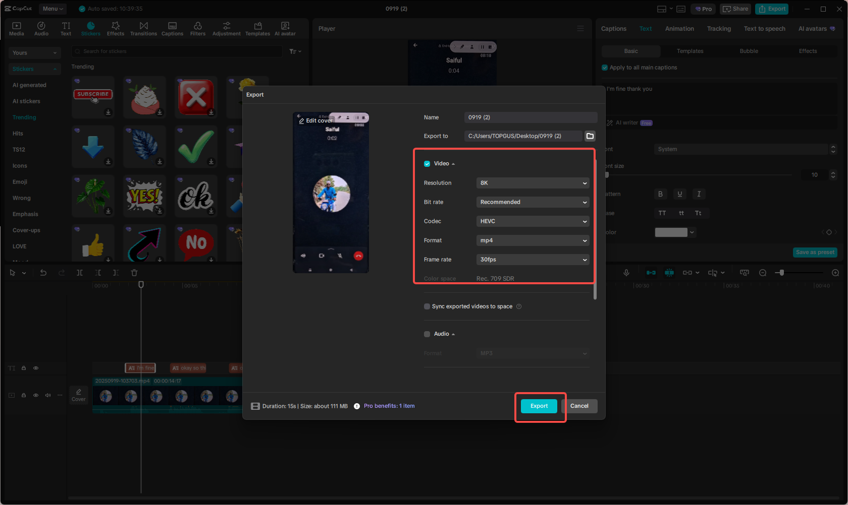 Export the edited WhatsApp video call