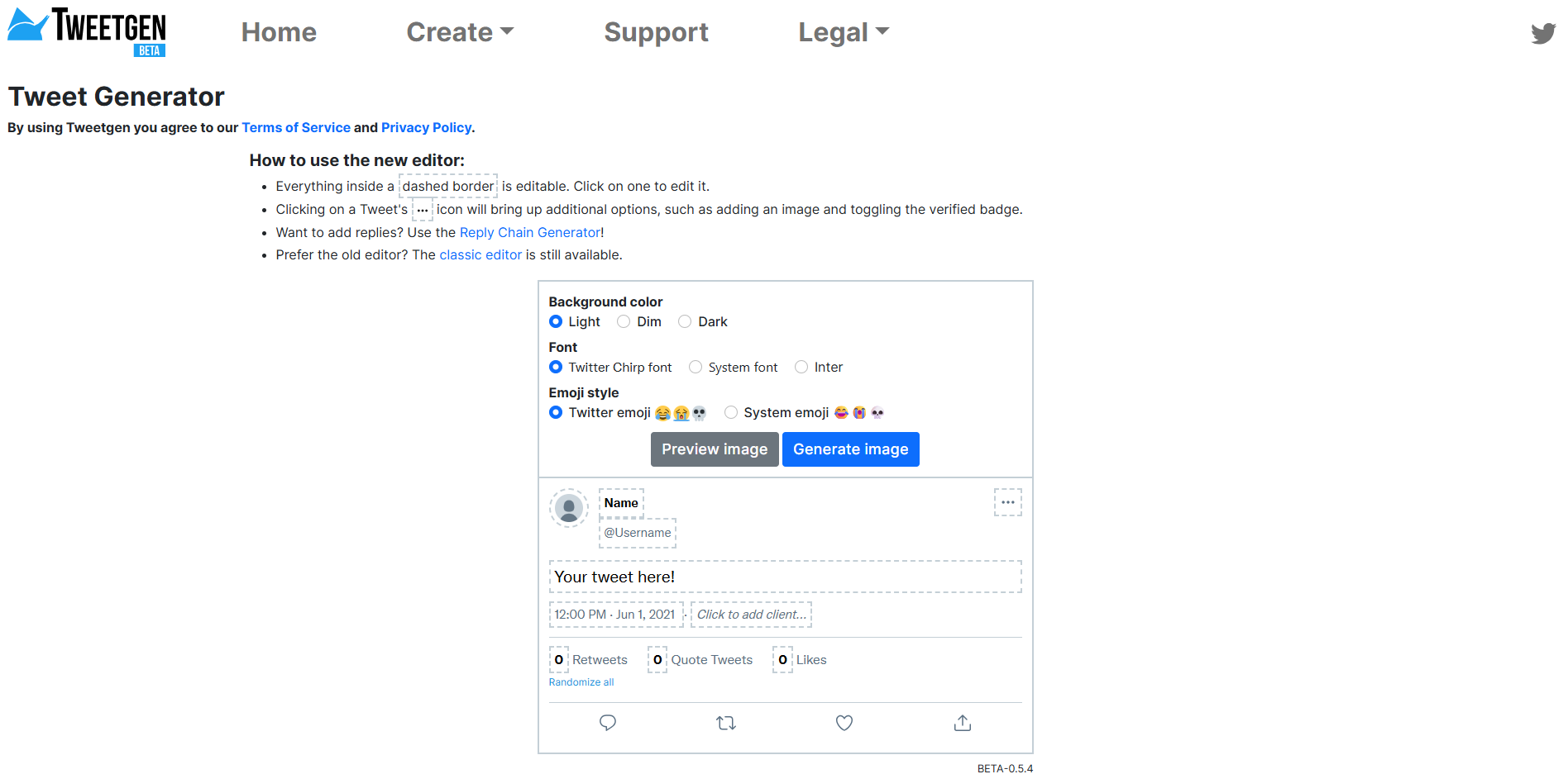 Interface ng Tweetgen - ang pinakamahusay na Twitter post generator