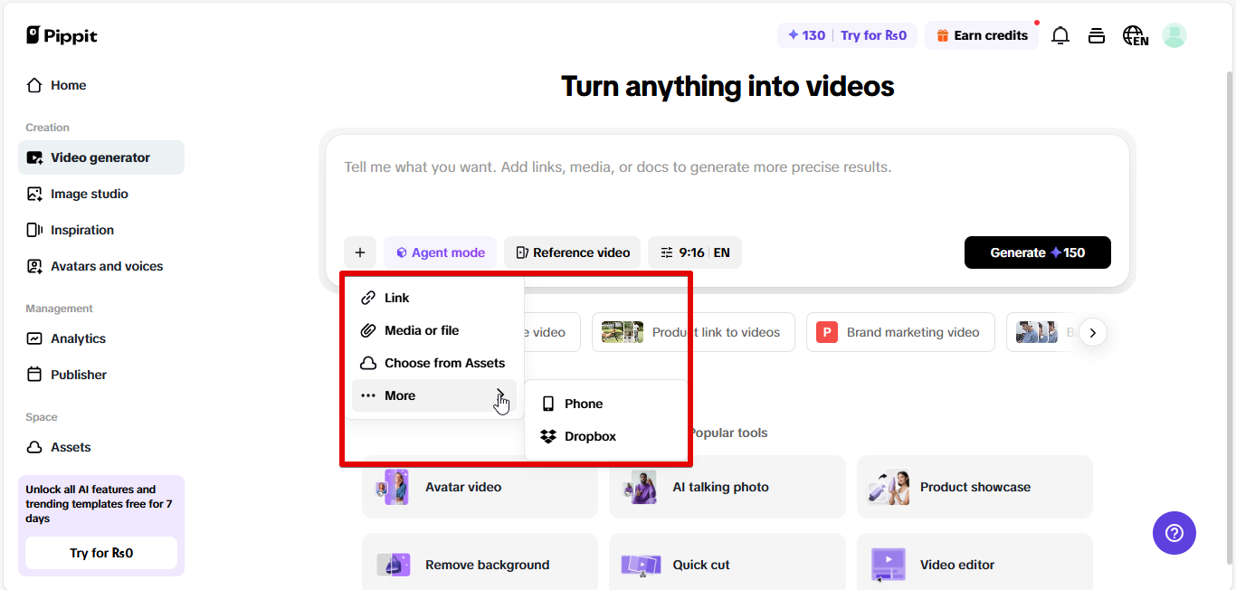 Cualquier entrada a video en Pippit