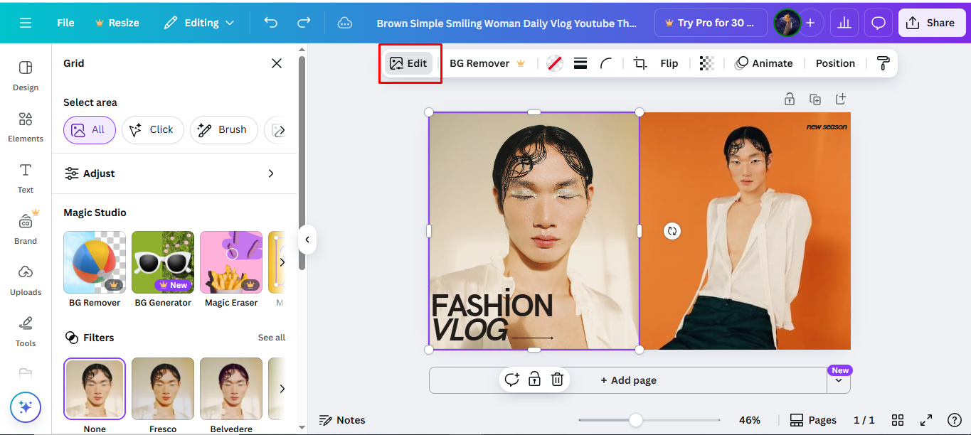 Accéder aux outils d'édition de Canva pour le flou des photos