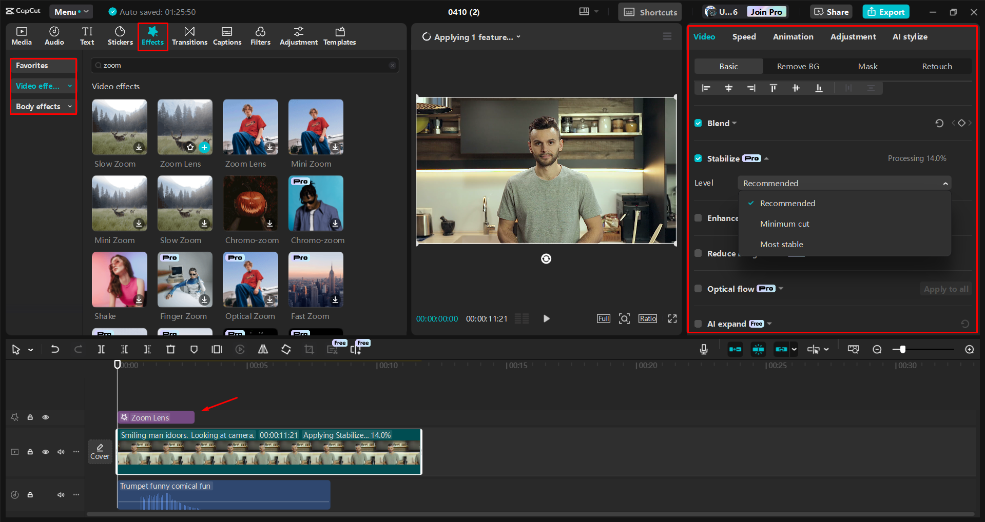 Applying a zoom effect to a video in the CapCut desktop video editor