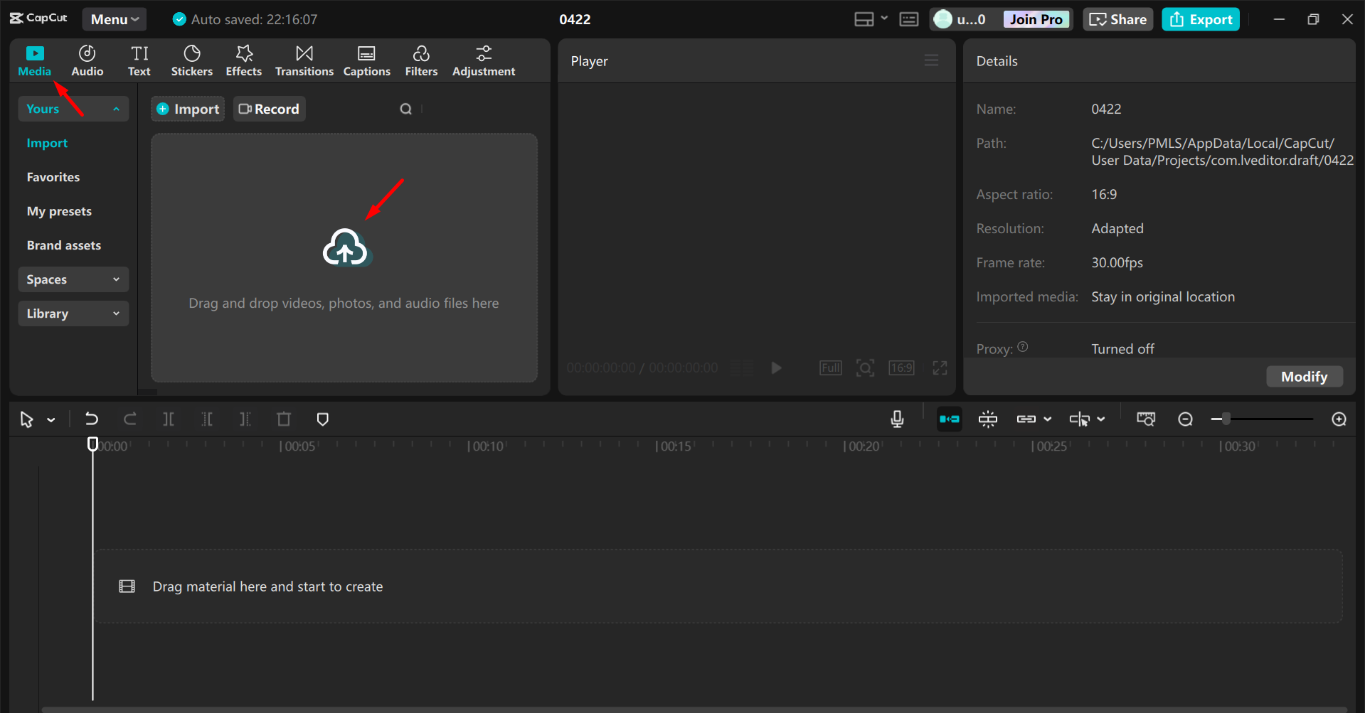 Importare il video nell' CapCut editor video desktop