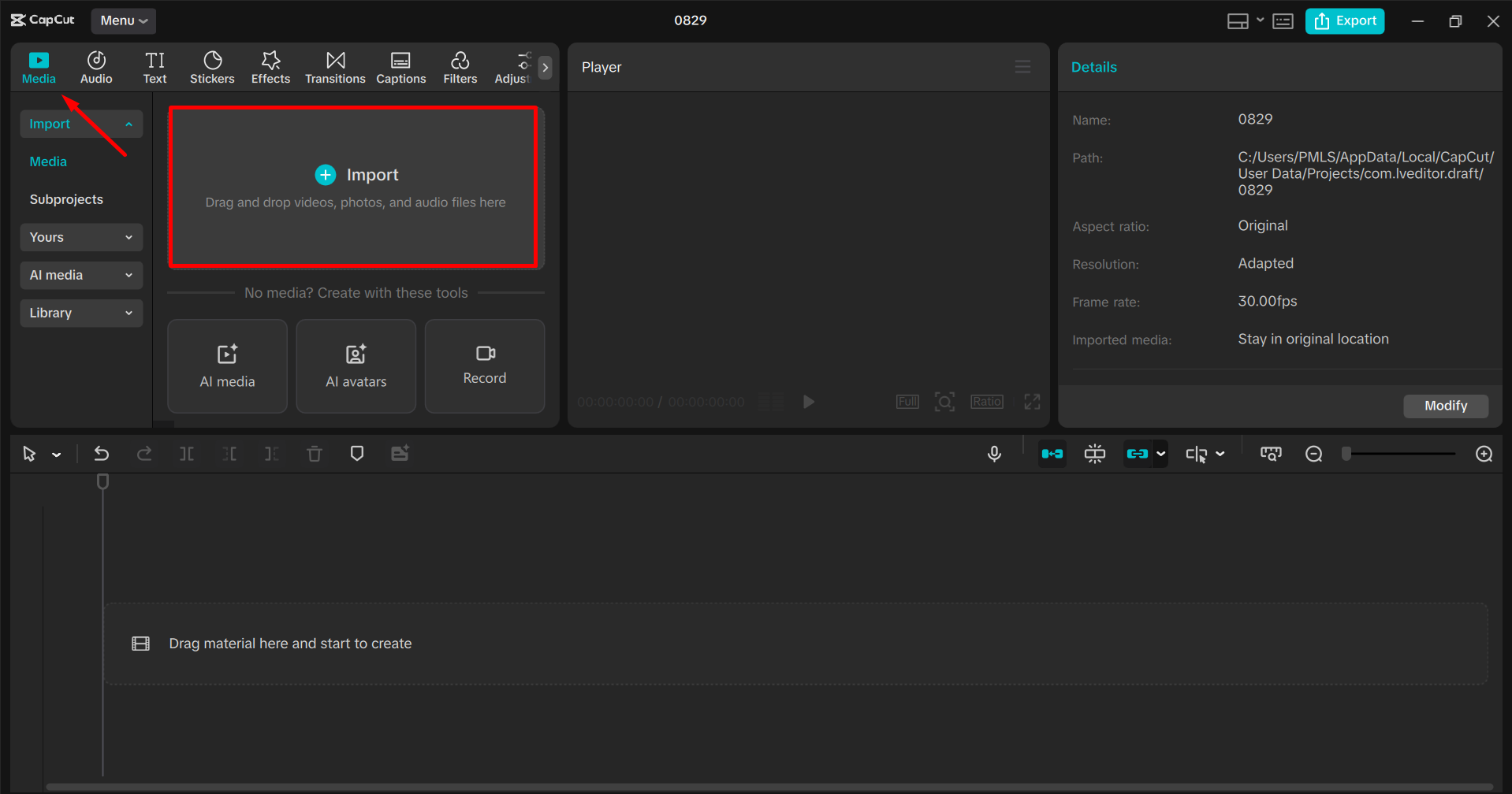 Importing the image in the CapCut desktop video editor