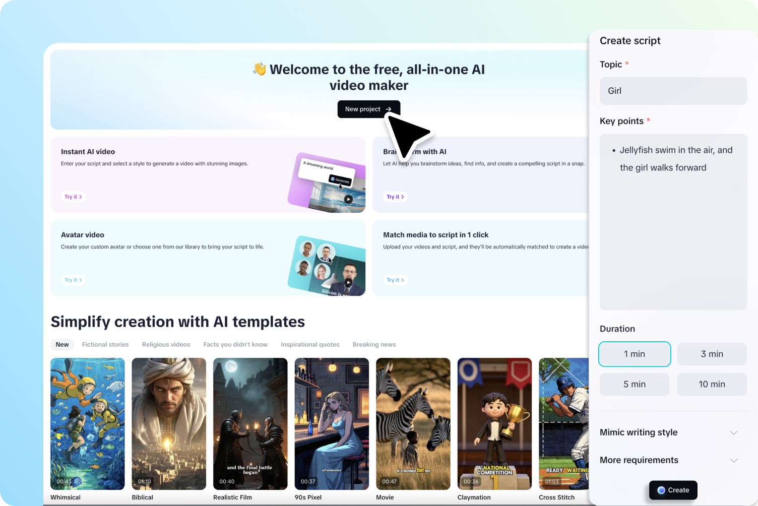  CapCut AI tool writing scripts, and setting video ratio and style preferences