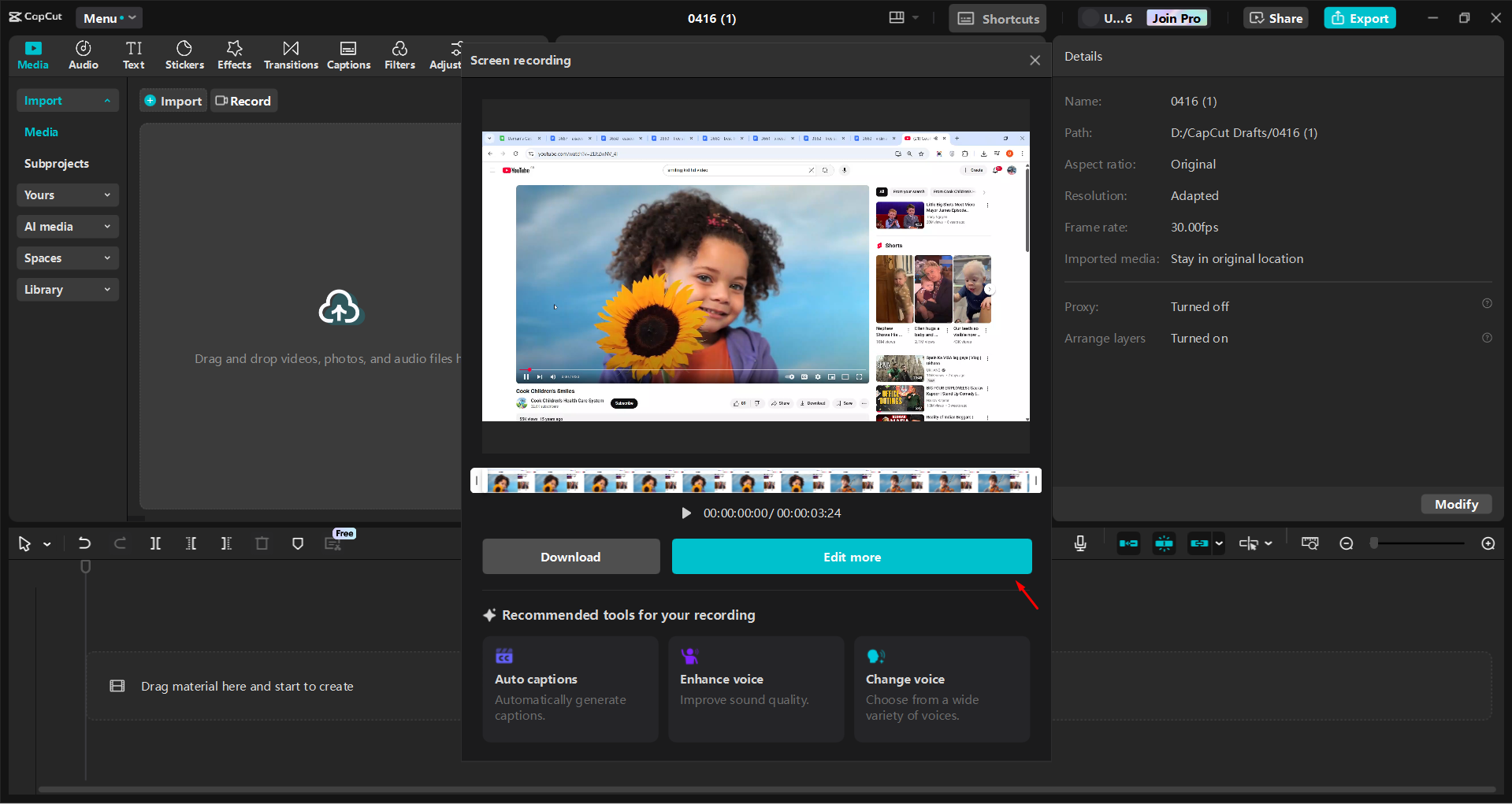 Recording a screen with the CapCut desktop video editor