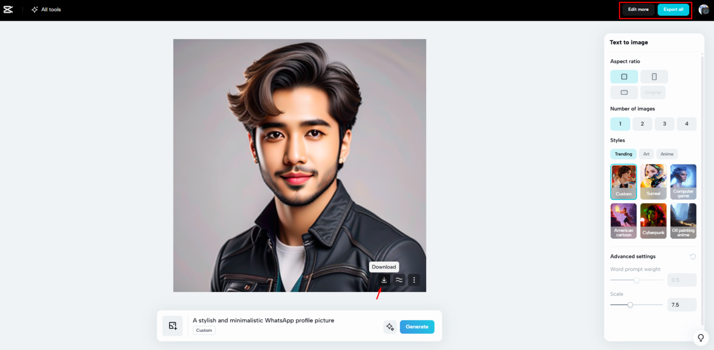 Downloading the image from CapCut Web