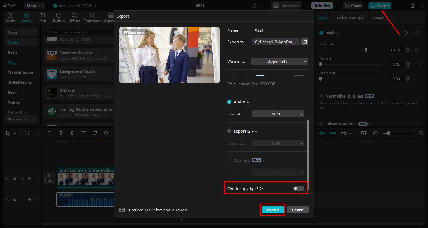 Exporting video from the Capcut desktop video editor