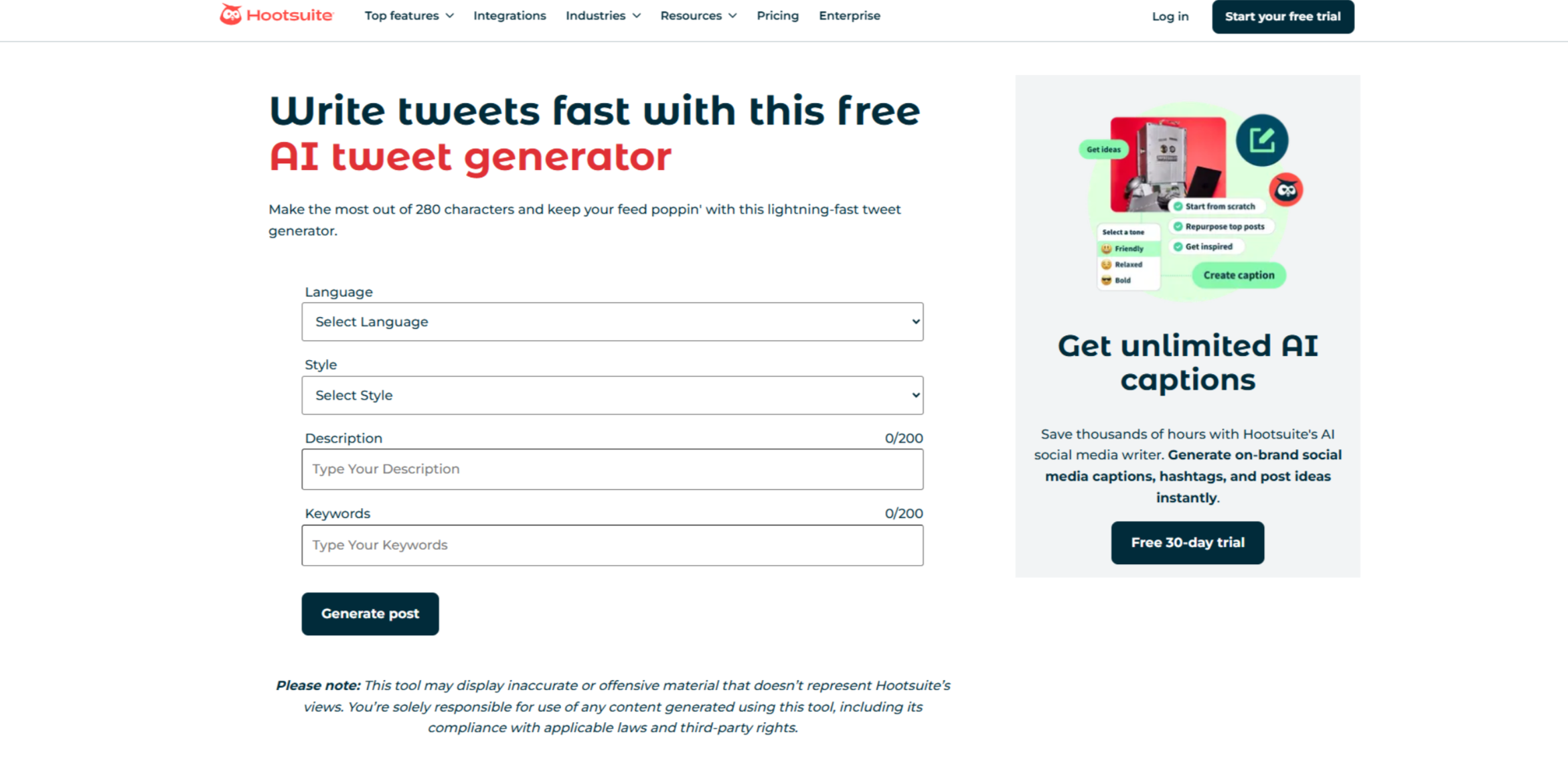 Interface ng Hootsuite - ang pinakagustong Twitter post generator