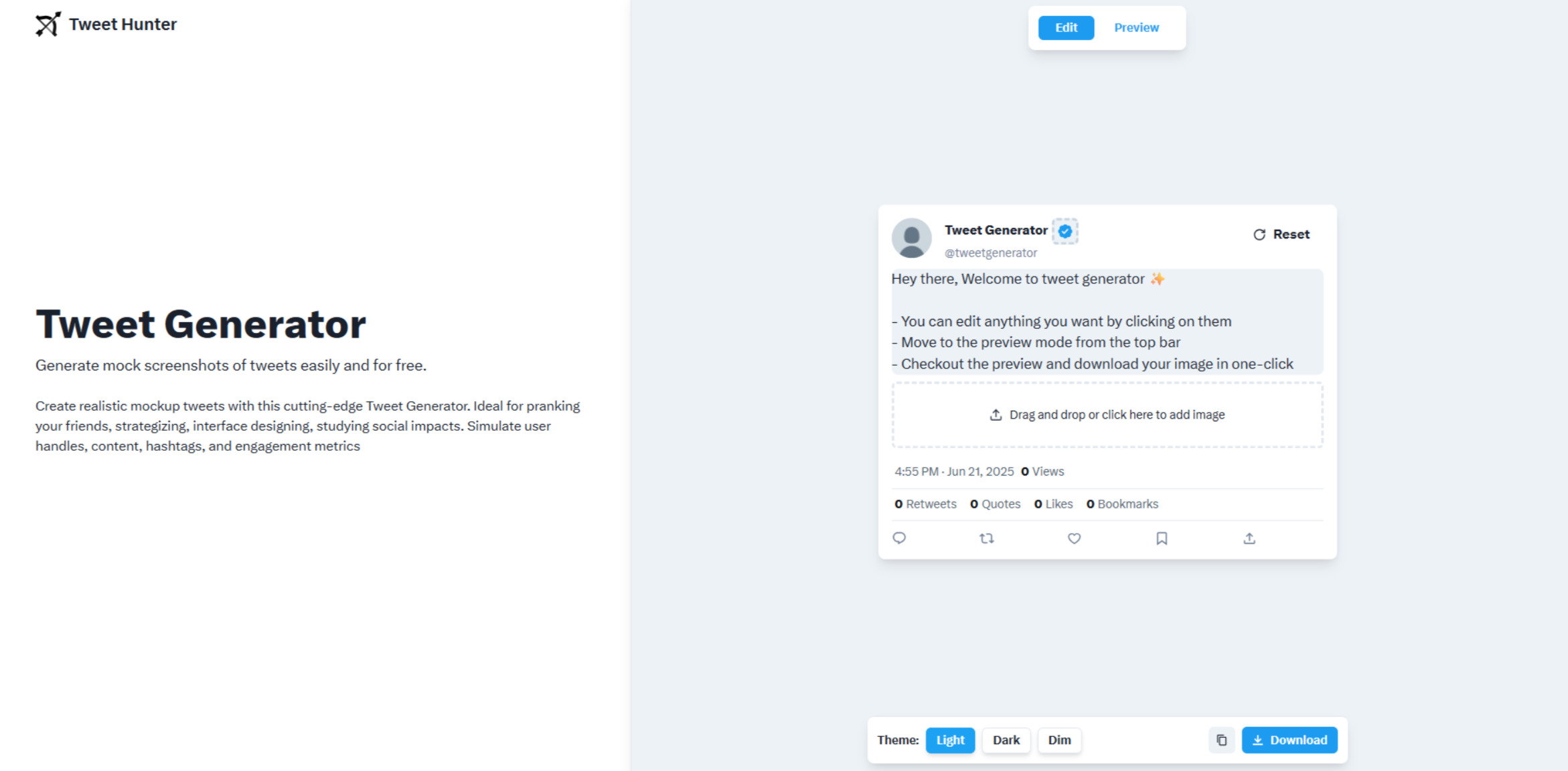 Interface ng Tweet Hunter - isa pang kapaki-pakinabang na Twitter post generator