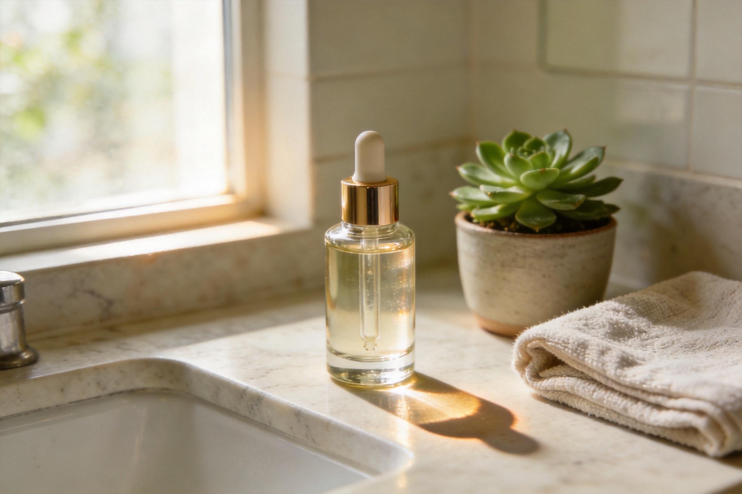 Glass dropper bottle on a sunlit bathroom counter beside a potted succulent and folded towel