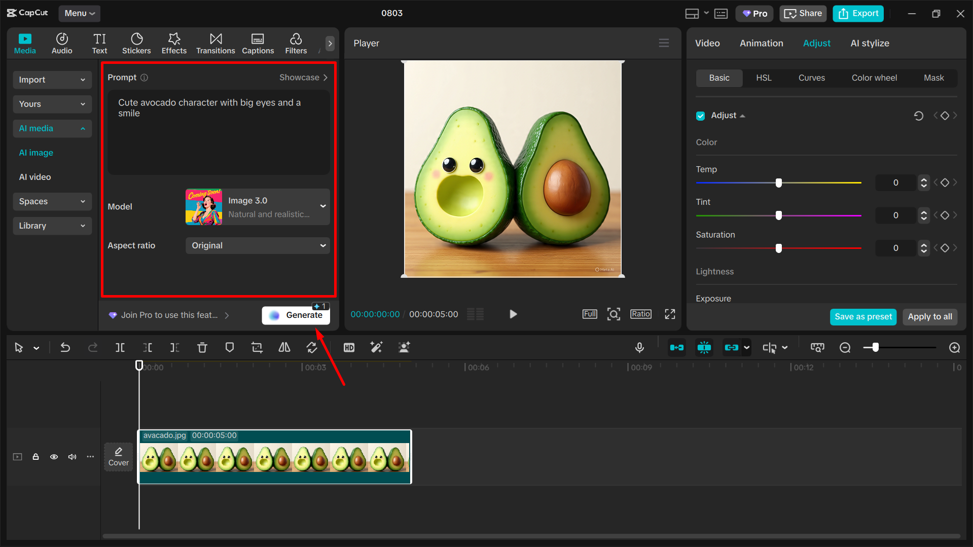 Generarea imaginii în editorul video desktop CapCut