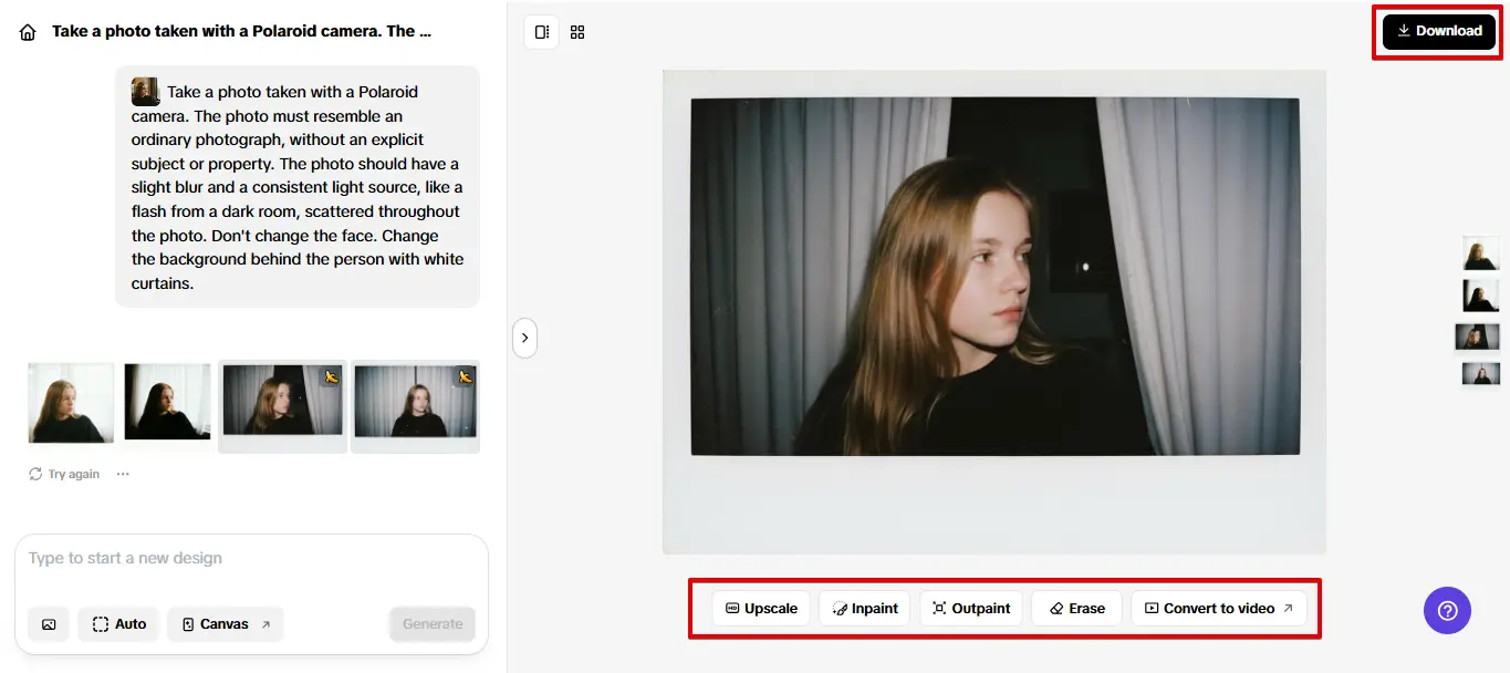 A completed polaroid photo with clear download and share buttons visible for social media.