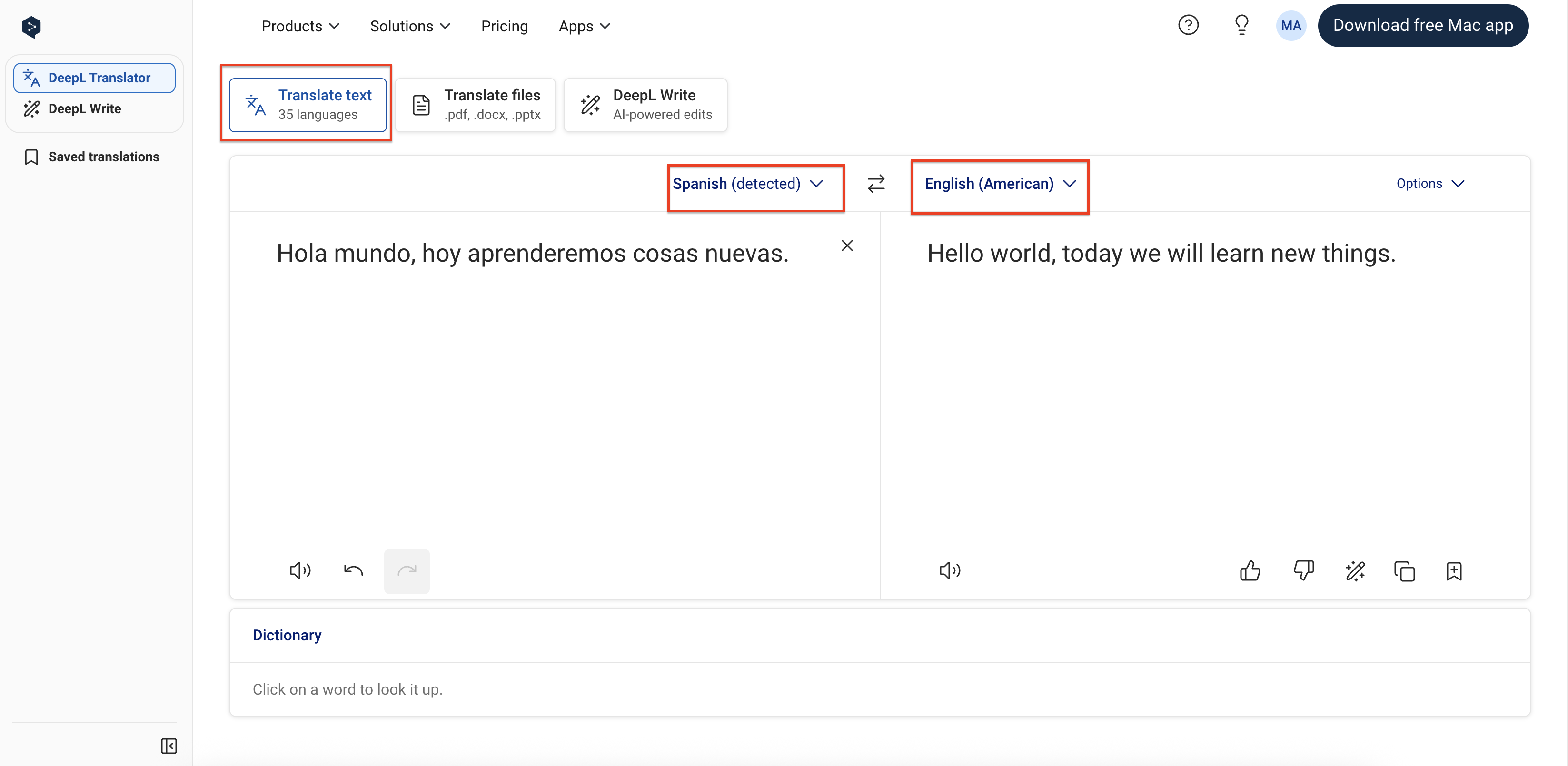 Translate Spanish to English text using DeepL