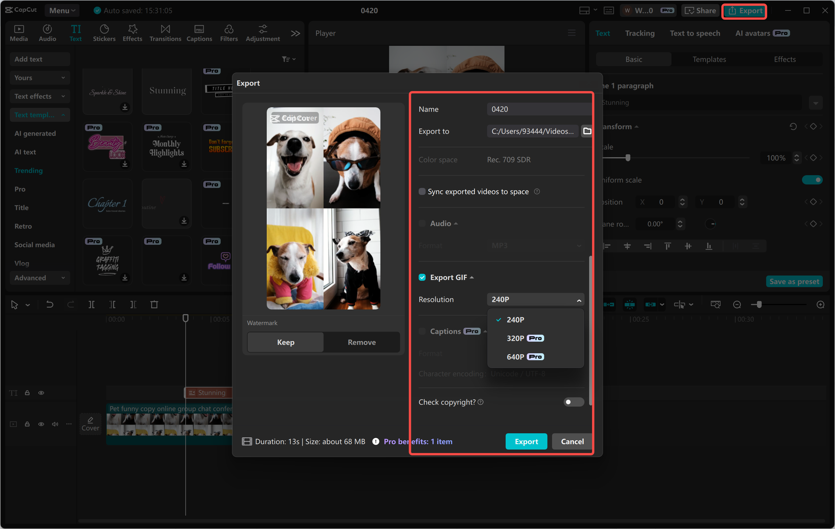 Exportar o vídeo como um GIF do editor de vídeo para desktop CapCut