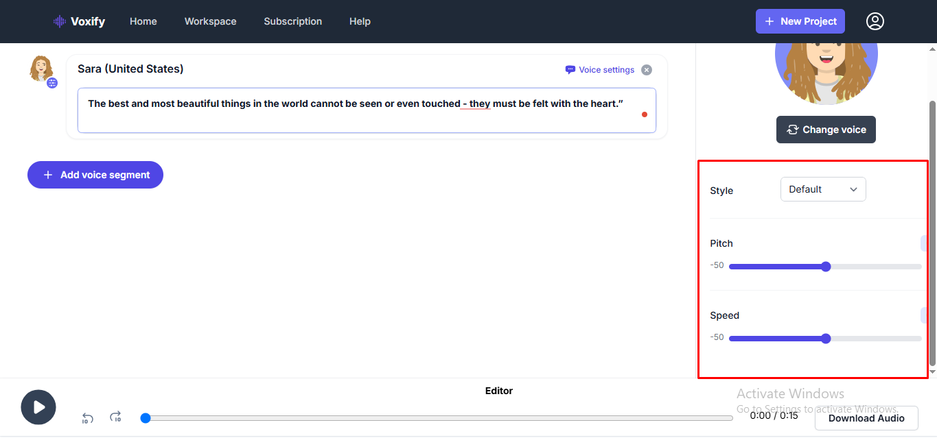 Ajustando la configuración de voz en Voxify