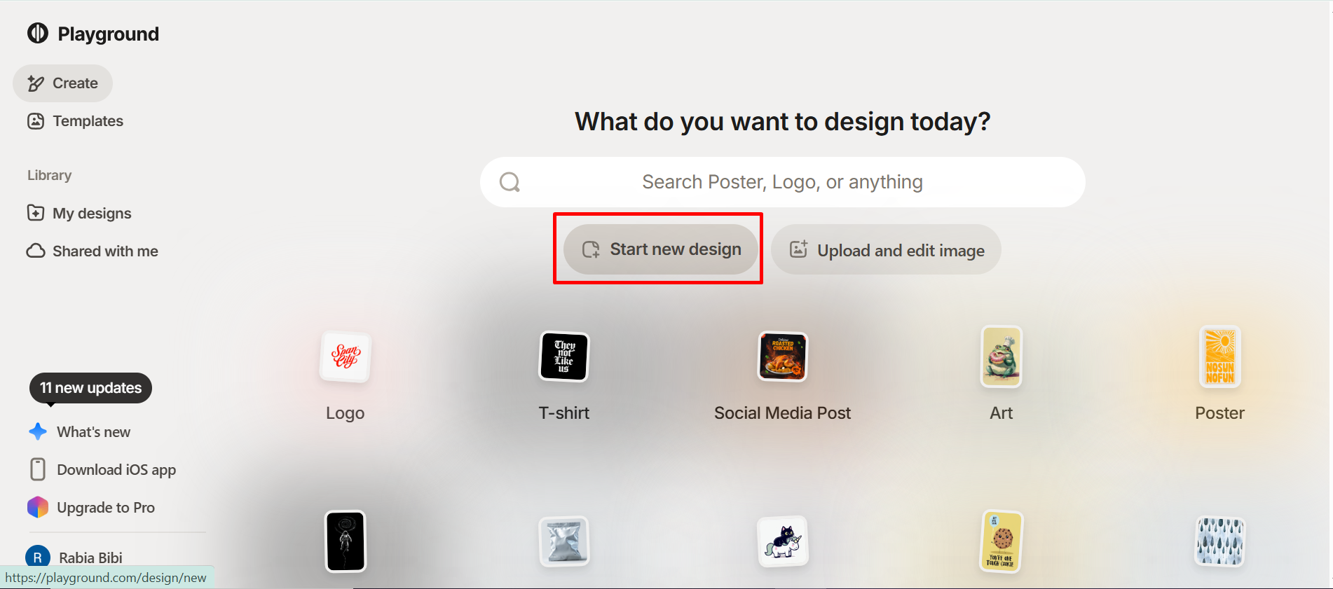 Starting a new design in the AI Playground image generator
