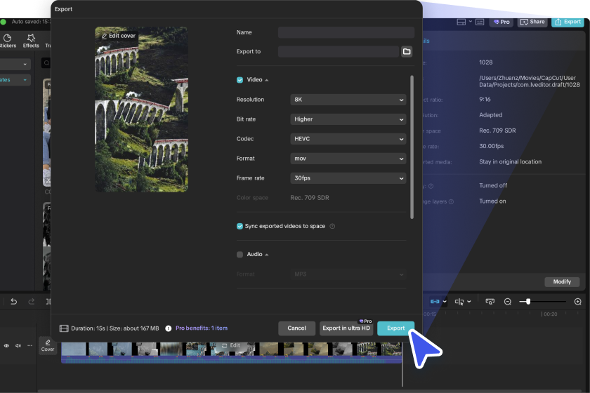 Експорт відео з колажу та виробника відео Capcut