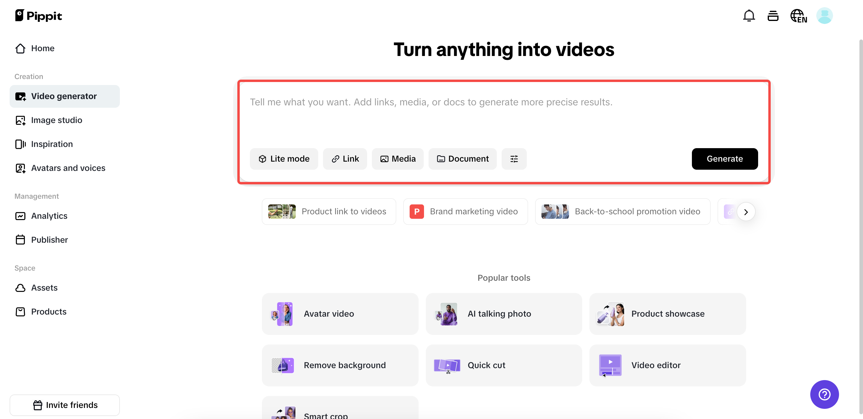 Access the "Video generator" section