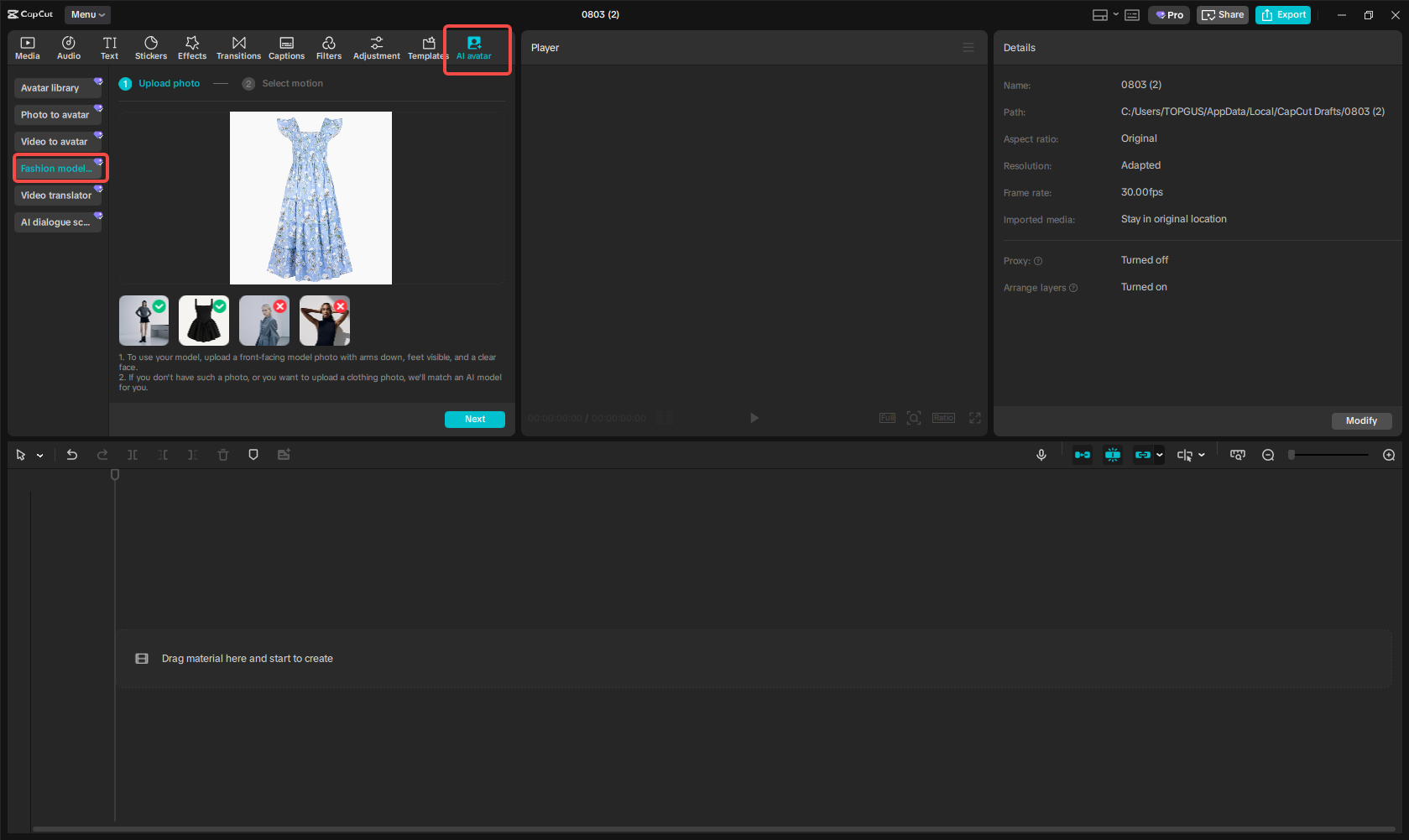Opening CapCut and accessing the "Fashion model" feature in CapCut