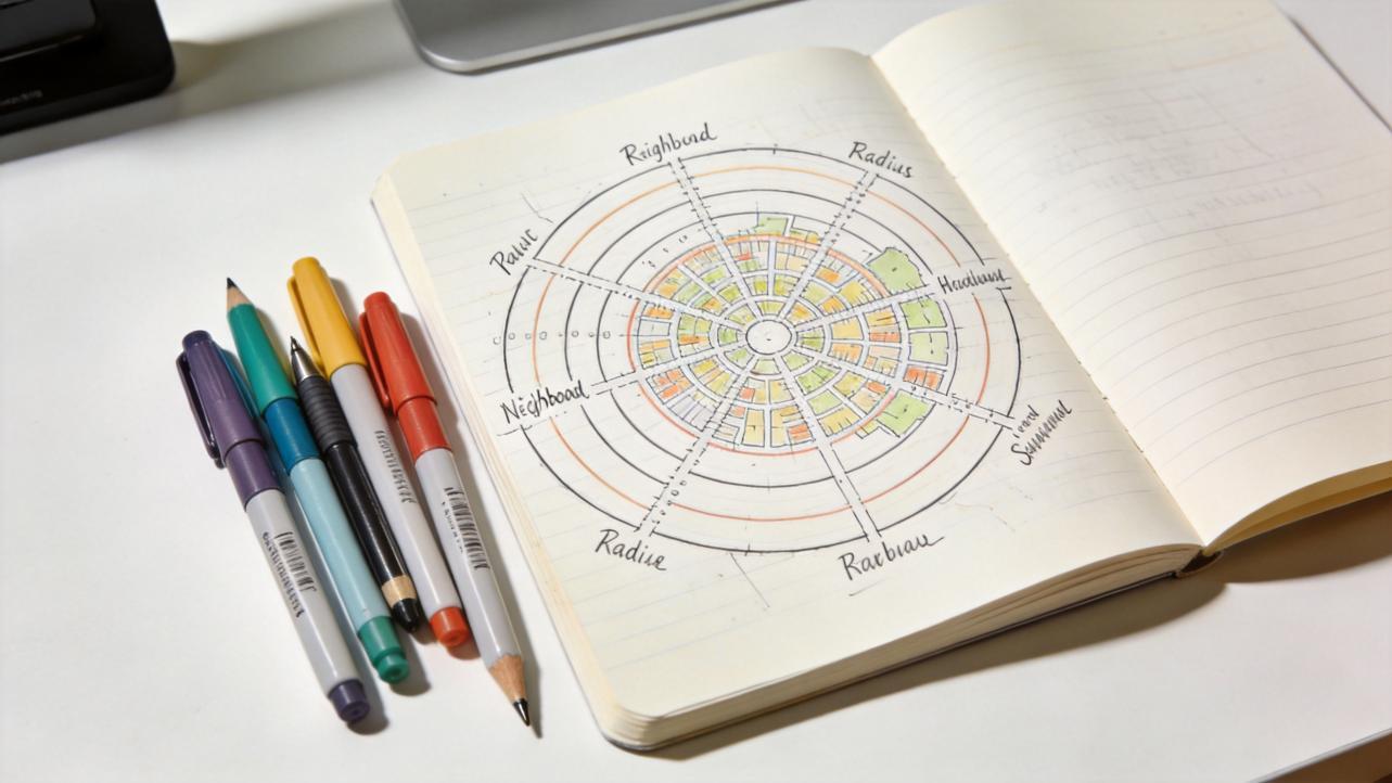 Notebook with a hand-drawn circular city map surrounded by colored pens
