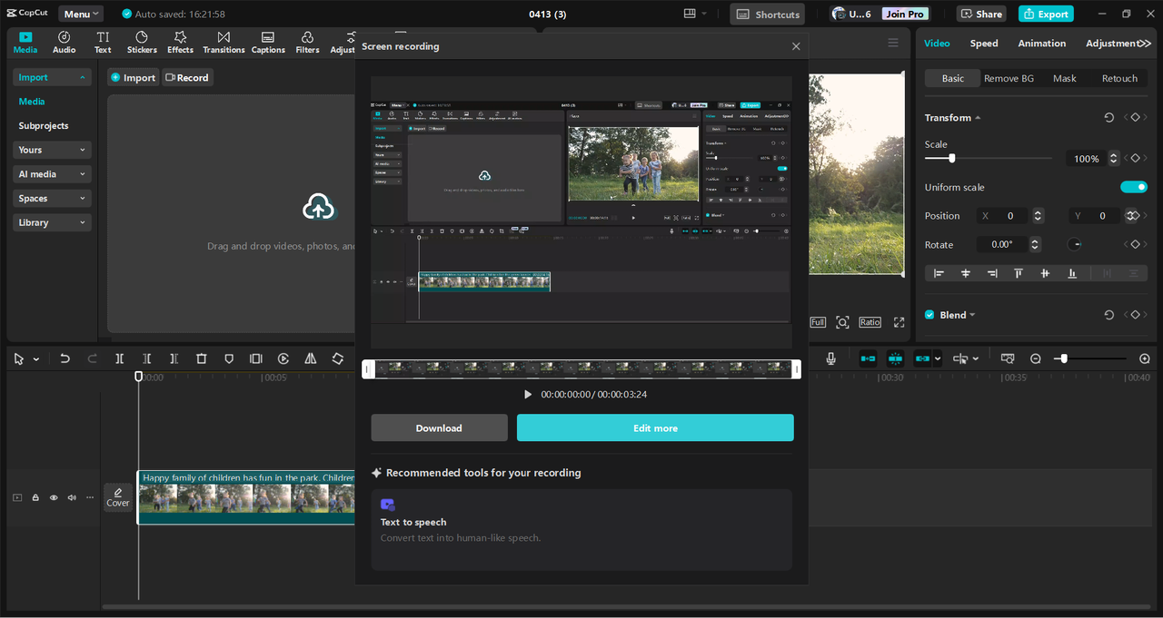 Interface of the CapCut desktop video editor recording the screen