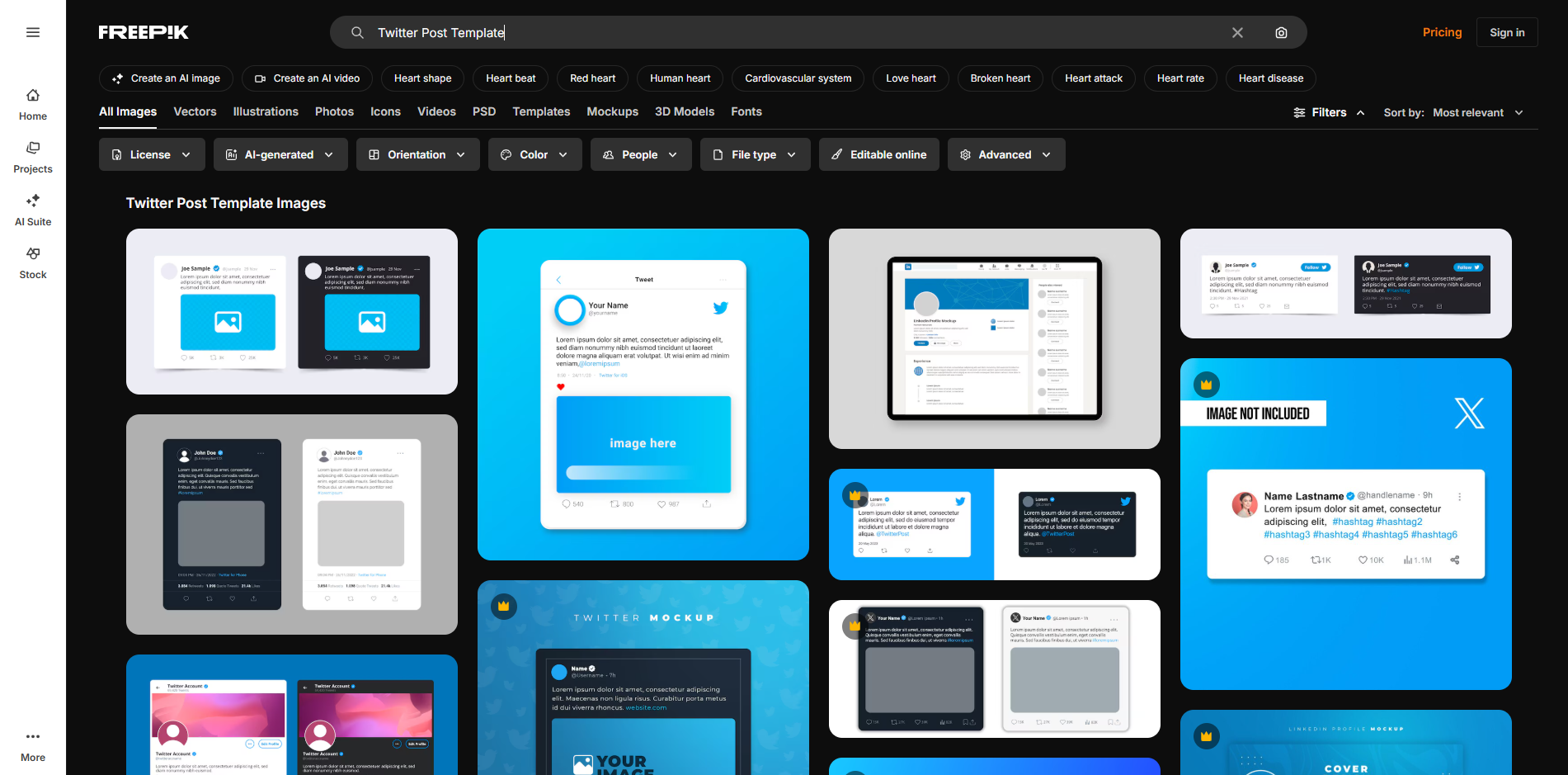 Interface do Freepik - outro site para encontrar modelos gratuitos de posts para o Twitter