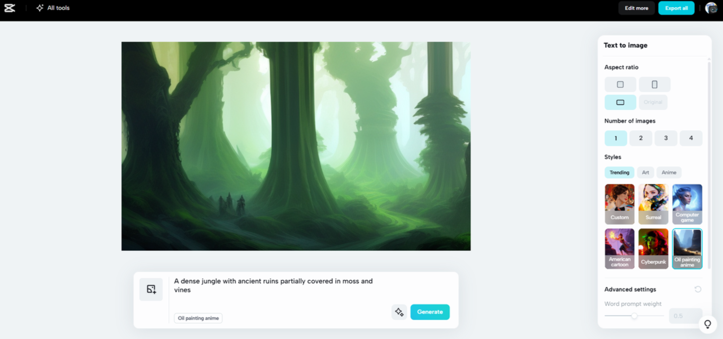 Interface of CapCut Web - a fast way to generate images with AI 