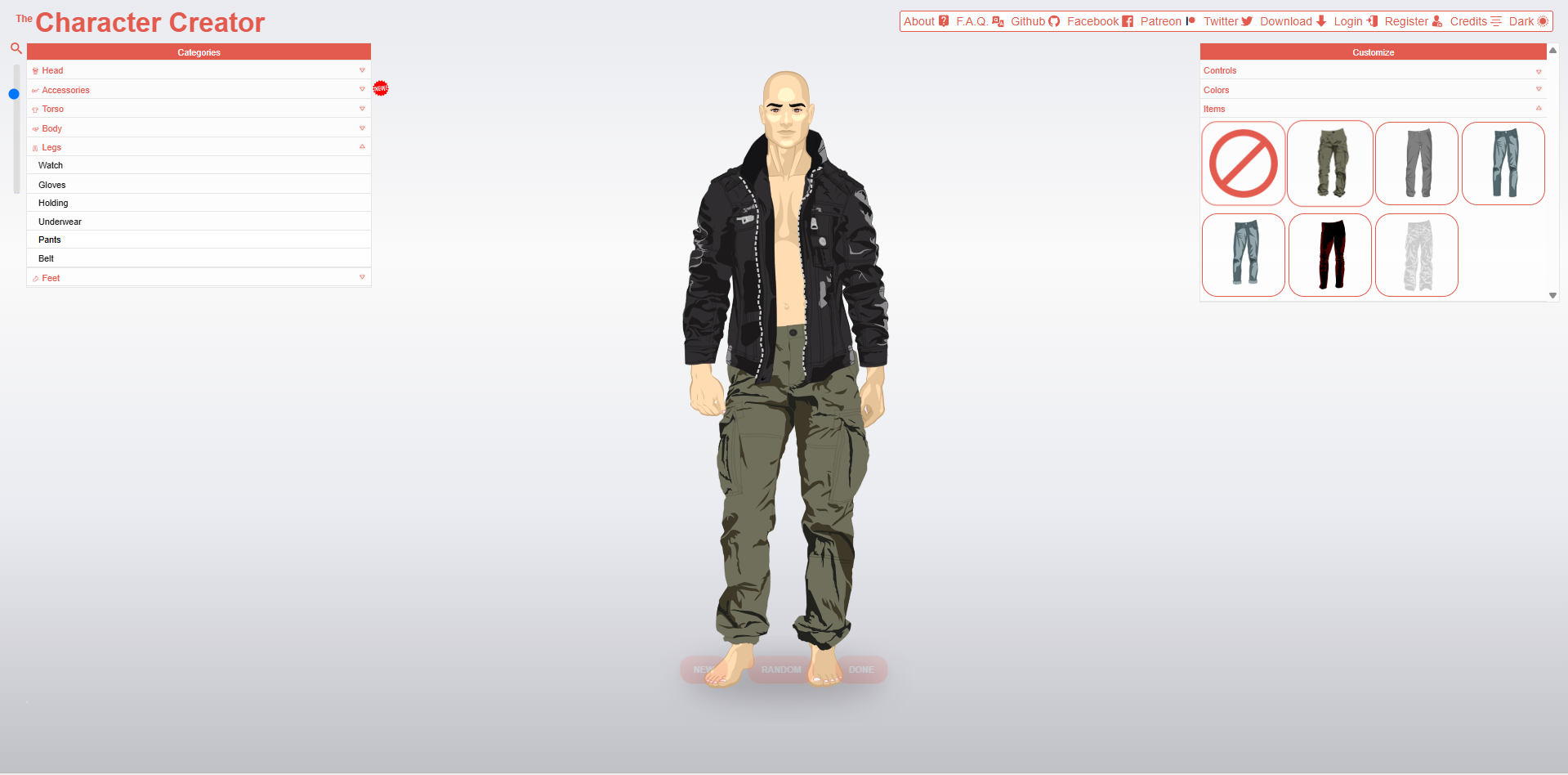 Interface de The Character Creator - le meilleur créateur de personnages en ligne gratuit