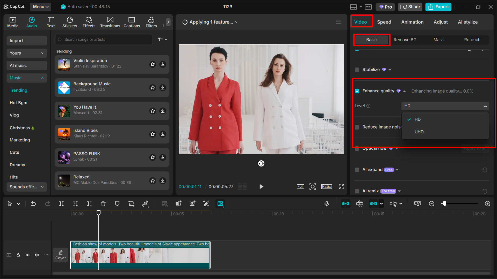 Enhancing video quality and removing noise from video in CapCut