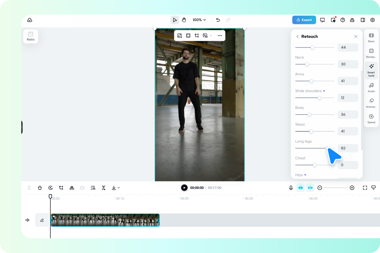 A full-body woman video sits alongside a browser-based video editor with a Retouch panel