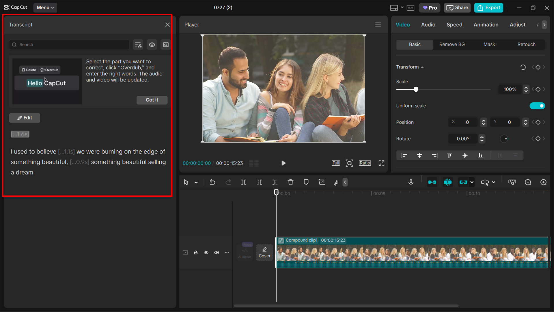 Transcribing your video in the CapCut desktop video editor