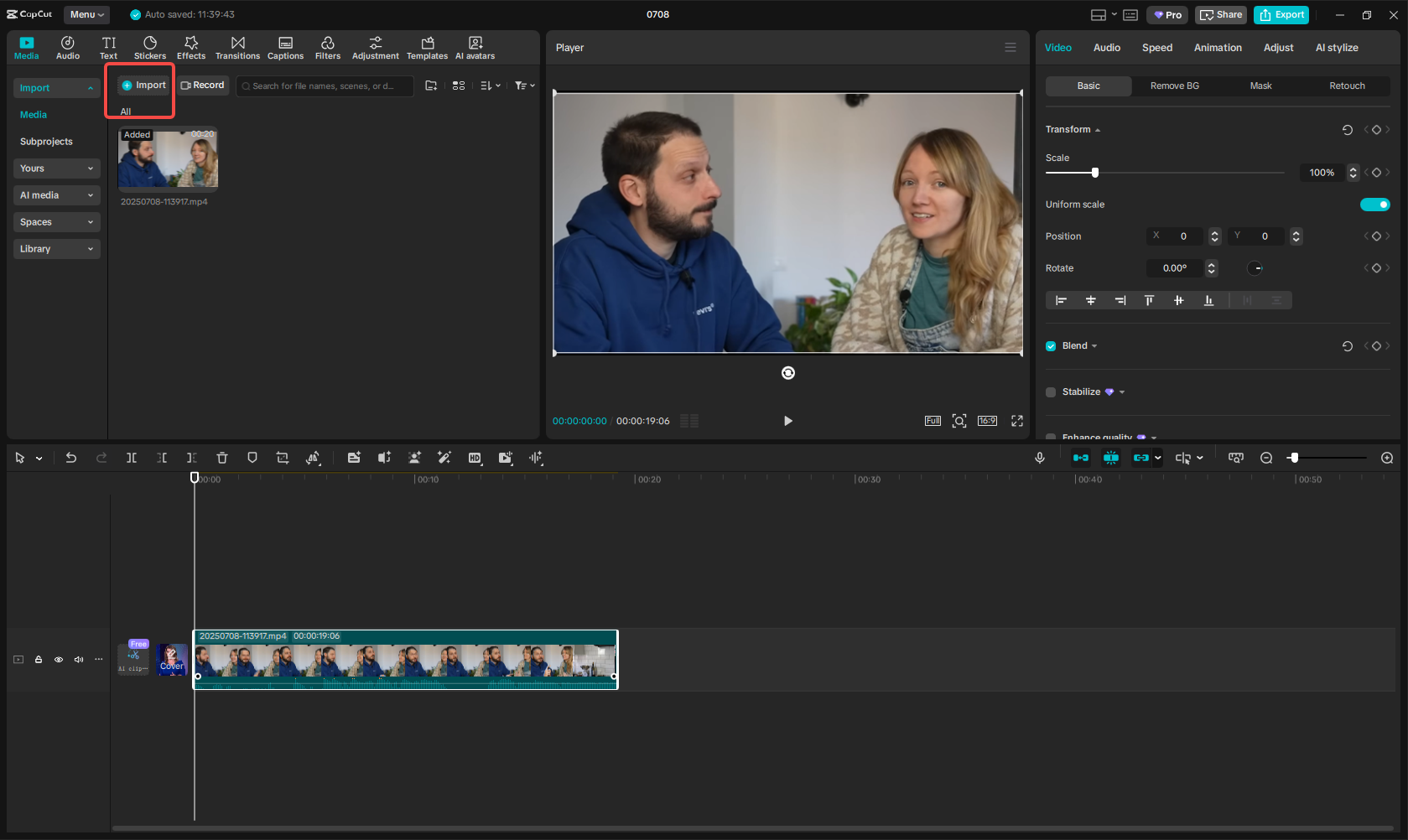 Tap on import to upload an Italian video