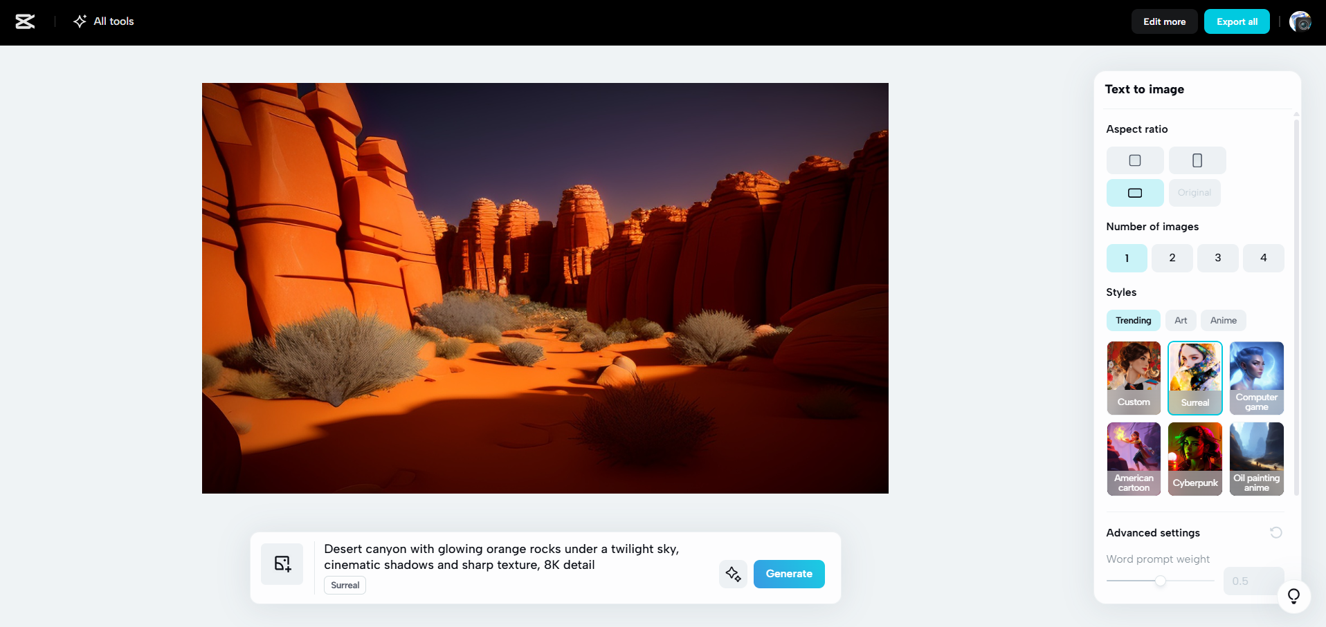 Interface do CapCut Web - uma ferramenta alternativa para gerar imagens de IA