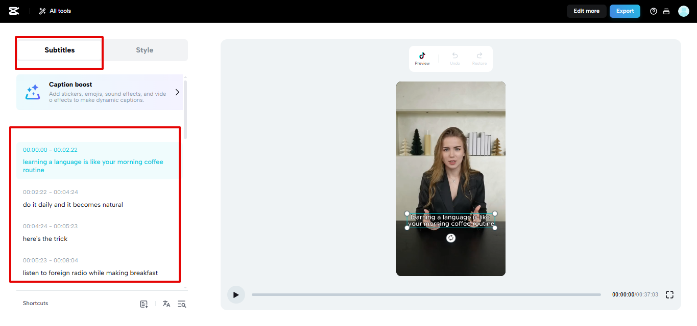 One-click subtitles generation in CapCut Web
