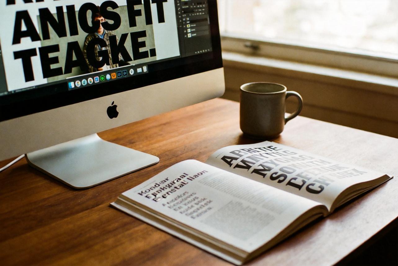 Desktop monitor and open book with bold text-heavy meme layouts on a wooden desk