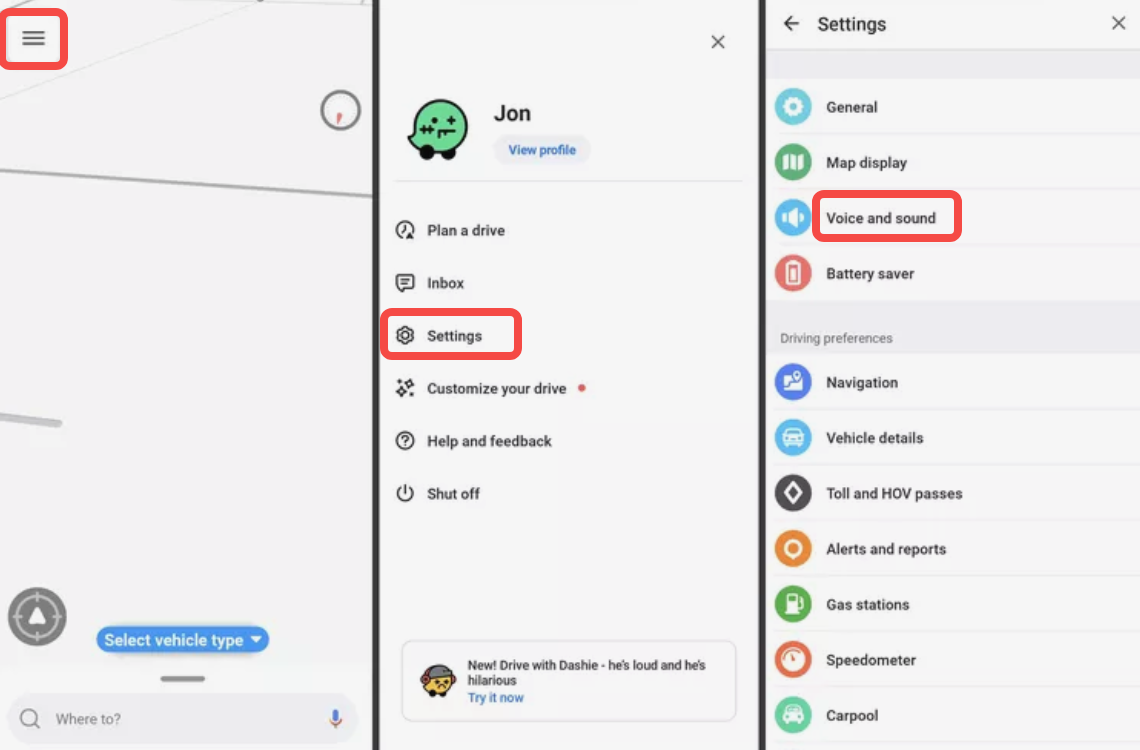 Showing how to change voice on Waze on a phone
